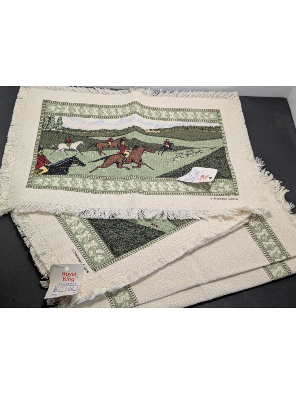 Vtg. Hunting Scene 2 Placemats 2 Napkins Royal King Stevens Linen USA NOS
